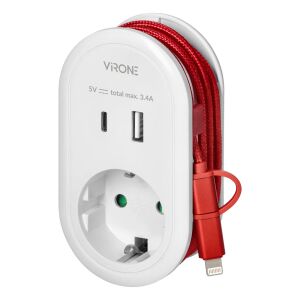 Adapter wielofunkcyjny Virone z ładowarką USB-A, USB-C, gniazdem Schuko i zintegrowanym kablem 2w1 Lightning i USB-C. - Karta sieciowa
