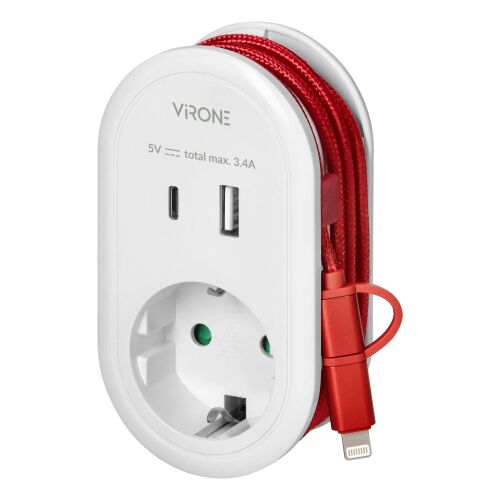Multifunkčný adaptér Virone s nabíjačkou USB-A, USB-C, zásuvkou Schuko a integrovaným káblom 2 v 1 Lightning & USB-C.