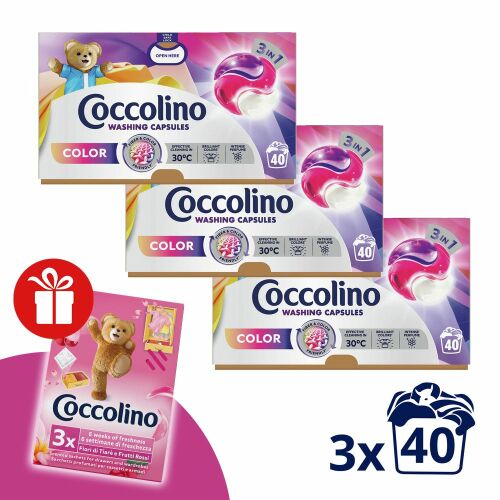 Coccolino Color 3v1 pracia kapsula 3x40 praní + darček Coccolino voňavý vankúš