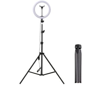 S DEPOT® 30 cm-es LED gyűrűs lámpa állvánnyal és telefontartóval, 3 fénymód, 10 fényerő-szint, ideális szelfikhez, sminkeléshez és videófelvételhez - LED körfény & körlámpa