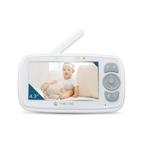 Родителско устройство за бебефон Motorola VM34 с 4,3-инчов дисплей, показващ бебе