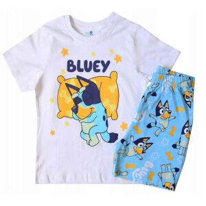Pijama scurtă de vară Nickelodeon Bluey, mărimea 4-5 ani, cu grafică Bluey pe un tricou alb și pantaloni scurți albaștri. - Nickelodeon Pijamale pentru copii, cămăși de noapte