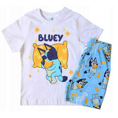 Pijama scurtă de vară Nickelodeon Bluey, mărimea 4-5 ani, cu grafică Bluey pe un tricou alb și pantaloni scurți albaștri.