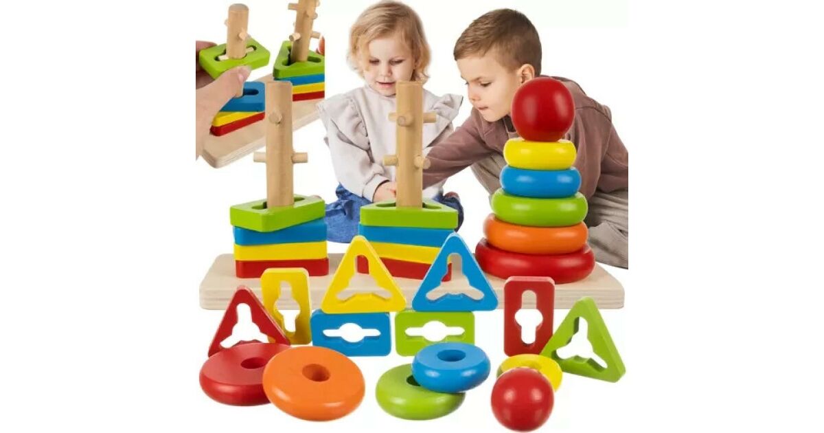 Sortator puzzle pentru copii, 14 piese incluse, 3 forme, stimuleaza creativitatea, lemn, multicolor 120091775