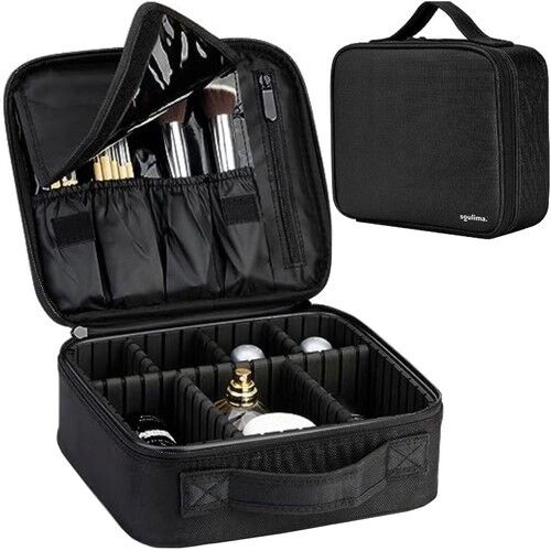 Soulima Cosmetic Travel Bag, black makeup organizer with compartments and zipper, open view