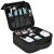 Soulima Cosmetic Travel Bag, black makeup organizer with compartments and zipper, open view with makeup products