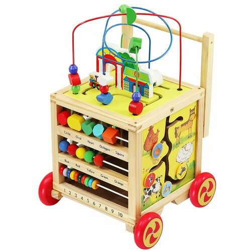 Wooden Walker with Educational Features, Push and Pull Toy for Babies, Activity Cube with Bead Maze, Clock, Abacus, Shape Sorter, and More