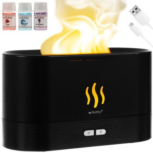 Ruhhy 3-in-1 Flammeneffekt-Aromatherapie-Diffusor-Luftbefeuchter, schwarz, 180ml, mit 3 ätherischen Ölen