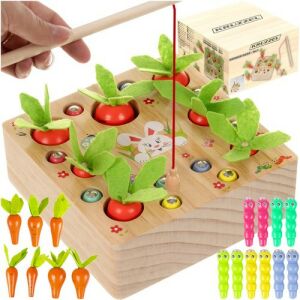 Kruzzel Wooden Game - 2in1 Carrot Garden, a fun and educational toy for toddlers, featuring a magnetic fishing rod to catch worms and a carrot sorting game - Kruzzel