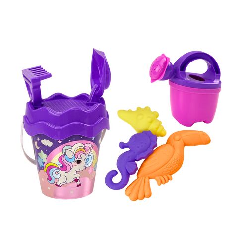 Homokozó készlet, vödör, lapát, gereblye, öntözőkanna, lila unikornis 18549