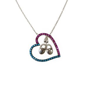 Srebrny naszyjnik 925 z różowo-niebieskim sercem z cyrkoniami i zawieszką z butami baletowymi - Dla kobiet