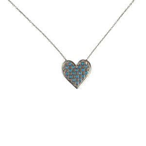 Naszyjnik z turkusowym sercem z 925 srebra, płaski wisiorek w kształcie serca, rodowany - Dla kobiet