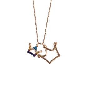 Naszyjnik z podwójną koroną ze srebra próby 925 pozłacany różowym złotem z kolorowymi kamieniami - Dla kobiet