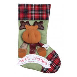 Flippy, Karácsonyi ajándékozó harisnya, Rénszarvas mintával, barna/ zöld, mérete 23 cm x 45 cm, textil, beltéri