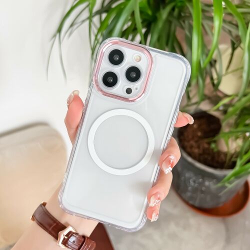 iPhone 12 Pro Max MagSafe tok, Flippy, átlátszó, teljes védelem, ütésálló, rózsaszín kerettel - Telefon