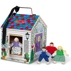 Дървена къща Melissa & Doug с звънец, близък план на къщата с една от вратите отворена и фигурка вътре - Melissa & Doug