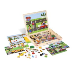 Melissa & Doug Fa Mágneses Képillesztő Játék, teljes szett 119 mágneses darabbal, 2 kétoldalas háttérkártyával, 4 kétoldalas kártyával javasolt képekkel, mágneses táblával és egy fogantyúval ellátott fa tárolódobozban - Fejlesztő játék ovisoknak