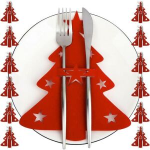 Set mit 12 roten Filz-Weihnachtsbaum-Besteckhaltern mit weißen Sternen, perfekt für festliche Abendessen - Lagerung & Organisation