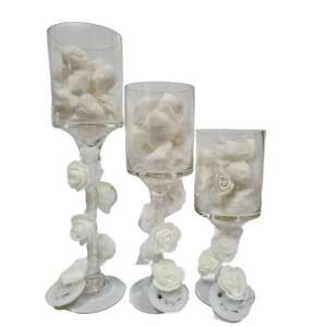 3 db-os üveg gyertyatartó szett fehér rózsákkal - Pohár