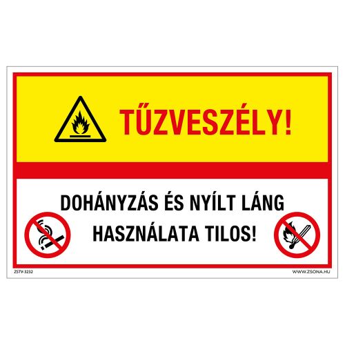 Tűzveszély jelzőtábla, dohányzás tilos, nyílt láng tilos, 160x100 mm - Információs tábla