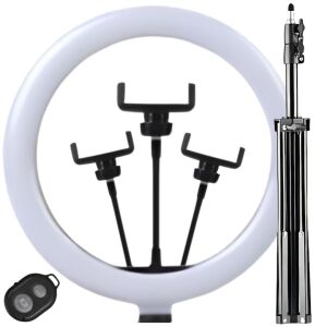 S DEPOT® 56 cm-es LED kör alakú lámpa állvánnyal, 3 telefon tartóval, távirányítóval, állítható fényerővel és szín hőmérséklettel - LED körfény & körlámpa