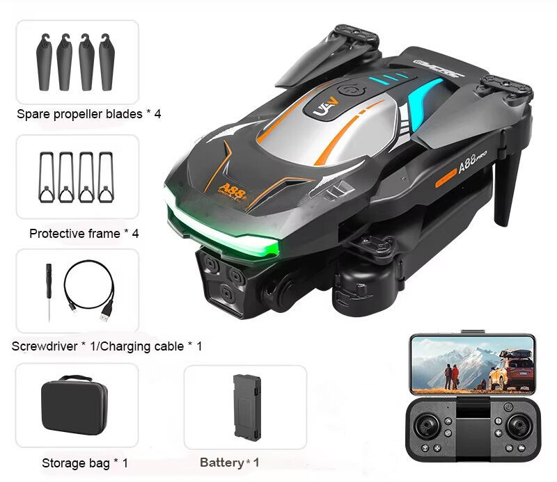 A88 Pro összecsukható drón, 2db professzionális 1080p kamerával, WiFi, Follow Me, G-érzékelő, táskával, 3.7V/1800 mAh, szürke
