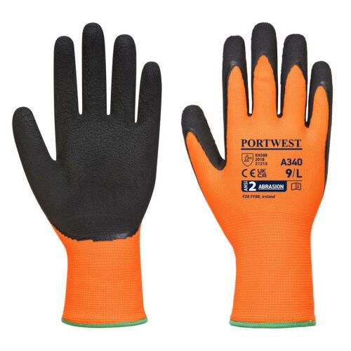 Portwest Hi-Vis Grip A340 Latex bevonatú munkavédelmi kesztyű, 9/L méret, narancssárga, fekete - Munkavédelmi kesztyű