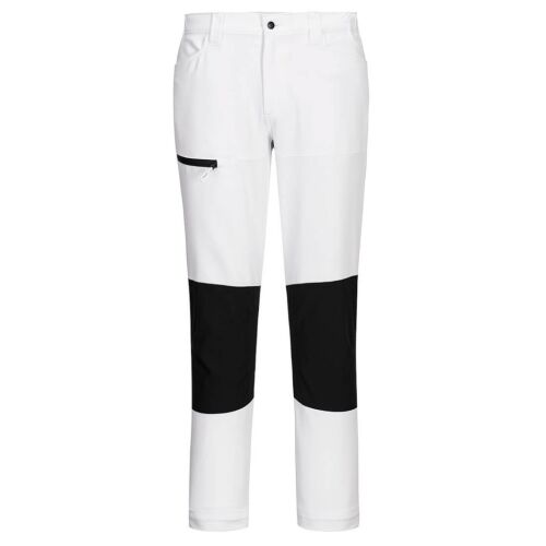 Portwest Slim Fit Super Work nadrág, fehér munkanadrágok fekete térdfoltokkal, férfi munkaruházat - Munkásnadrág