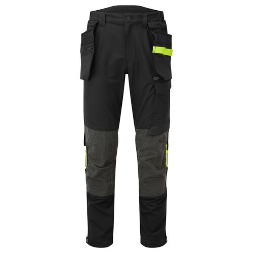PORTWEST EV4 Stretch Holster munkanadrág, fekete sárga reflexiós elemekkel, elülső nézet - Munkásnadrág