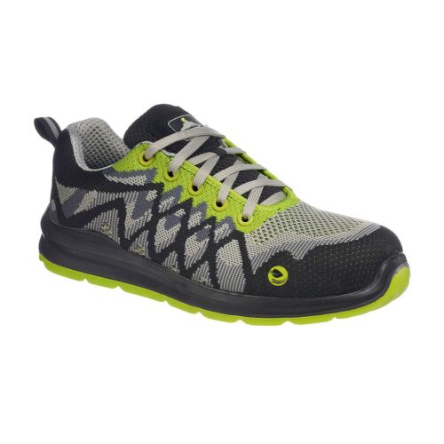 Portwest Compositelite Eco Runner S1P munkavédelmi cipő, szürke és zöld színben, lélegző, könnyű, kényelmes, kompozit orrmerevítő, kompozit talpátszúrás elleni talplemez, SRC csúszásgátló külső talp - Munkavédelmi lábbeli