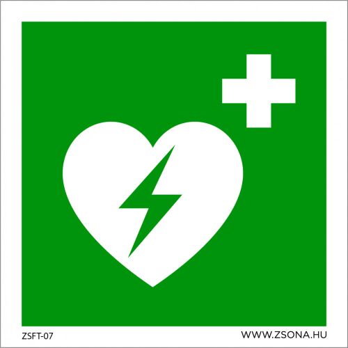 Defibrillátor jel, zöld háttérrel, fehér szívvel és villámcsapással, ZSF - Információs tábla