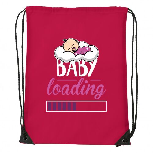 Piros húzózsinóros táska 'Baby Loading' felirattal és egy alvó baba illusztrációval - Irodaszer és írószer