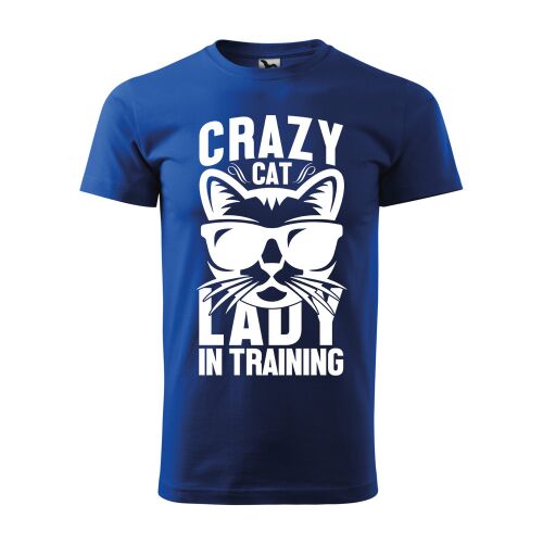 Kék póló fehér "Crazy Cat Lady in Training" felirattal és napszemüveges macskával - Ajándéktárgy