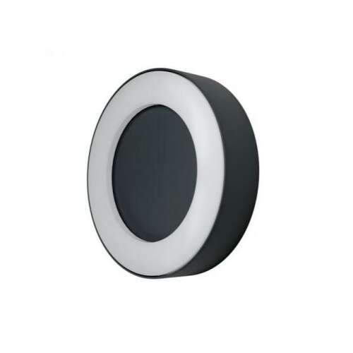 Okrągła zewnętrzna lampa ścienna LEDVANCE Endura Style w kolorze ciemnoszarym na białym tle.