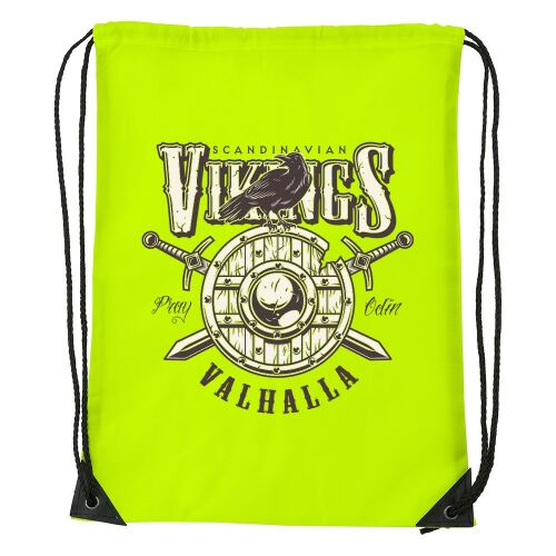 Sárga húzózsinóros táska Viking logóval, pajzs, kardok és holló, Valhalla felirattal - Sporttáska