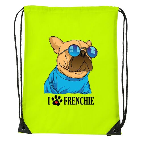 Sárga húzózsinóros táska rajzolt francia bulldoggal, napszemüvegben és kék pólóban, 'I love Frenchie' felirattal - Tornazsák
