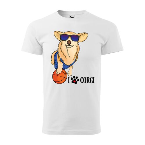 Fehér póló Corgi kutyával, aki napszemüveget visel és kosárlabdát tart, a pólón a 'I love Corgi' felirat olvasható - Ajándék ruha és kiegészítő