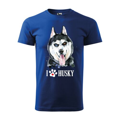 Kék póló husky kutyás mintával, 'I love husky' felirattal és egy mancsnyommal - Ajándék póló