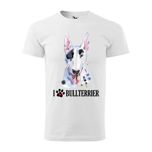 Fehér póló Bullterrier mintával, I love Bull Terrier felirattal és egy mancsnyommal - Ajándék ruha és kiegészítő
