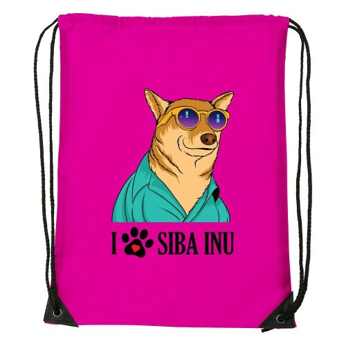 Magenta színű húzózsinóros táska Shiba Inu kutyával, napszemüvegben és ingben, a 'I love Shiba Inu' felirattal - Irodaszer és írószer