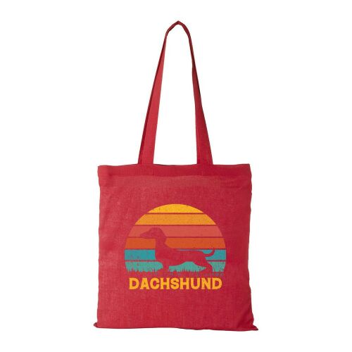 Piros pamut vászontáska, dachshunds sziluetttel és retro naplementével, "Dachshund" felirattal - Ajándék vászonszatyor