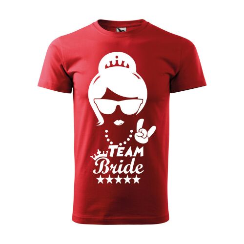 Piros Team Bride póló fehér grafikával, egy napszemüveget és koronát viselő nővel, aki rock and roll kézjellel integet - Művészet és hobbi