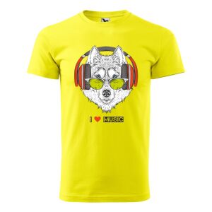 Póló Zenét hallgató farkas mintával - Sárga S méretben 120328423 - Ajándék póló