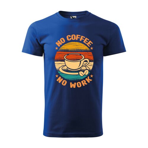 Kék póló retro mintával, amelyen a 'No coffee no work' felirat látható egy kávécsészével és kávébabokkal - Ajándék ruha és kiegészítő