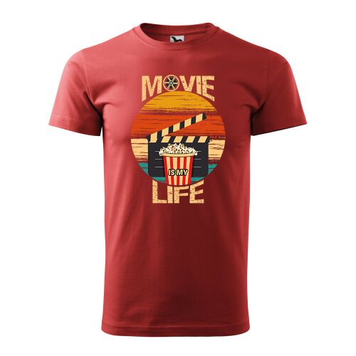 Movie is my life póló, piros, férfi, rövid ujjú, grafikus póló, pattogatott kukorica, filmvágó, naplemente, retro - Ajándékötlet