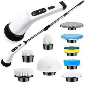 S DEPOT® elektromos forgókefe a hatékony felülettisztításhoz, kihúzható nyéllel, többfunkciós vezeték nélküli, 9 kivehető fejjel, fehér