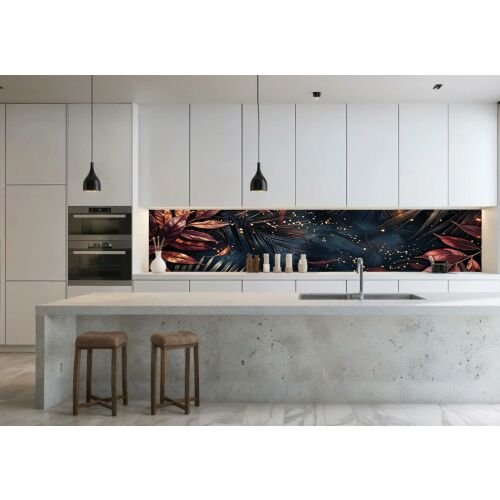 Wallplex Bronz Levelek konyhai hátfal felszerelve egy modern fehér konyhában. 