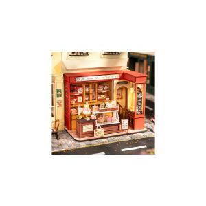 RolLife Honey Dessert Talk Mini House 3D puzzle, miniaturowa piekarnia z czerwoną fasadą, prezentująca ciasta i desery w szklanych gablotach - Domek dla lalek