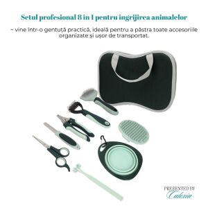 Set Profesional 8-in-1 pentru Ingrijirea Cainilor si Pisicilor - Pieptene Pufos, Pieptene pentru Noduri, Foarfece, Cleste si Pila pentru Unghii, Periuta de Dinti, Bol Pliabil, Perie de Dus si 120378678 - Perie pentru animale, mașină de tuns, foarfece, mașină de tăiat gheare