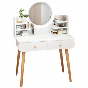 Măsuță de toaletă Fodym albă cu oglindă rotundă și rafturi - Fodym